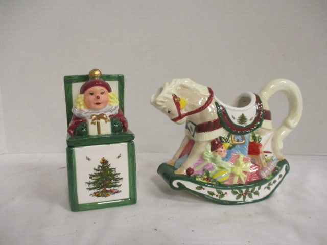 Spode "Christmas Tree" Rocking Horse Pitcher and "Jack-in-the-Box" Box: pitcher 5 1/2"h, Jack in the Box 5 3/4"h