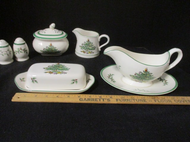 Spode "Christmas Tree" Completer Set-Butter Dish, Shakers, Creamer, Sugar Bowl and Sauce Boat - 5