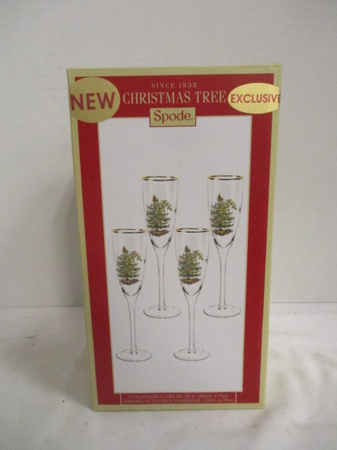 New Old Stock Spode "Christmas Tree" 4 Piece Champagne Flute Set: .