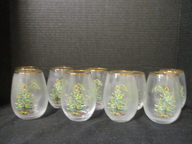 Nine Spode "Christmas Tree" Stemless Wine Glasses: 5"h