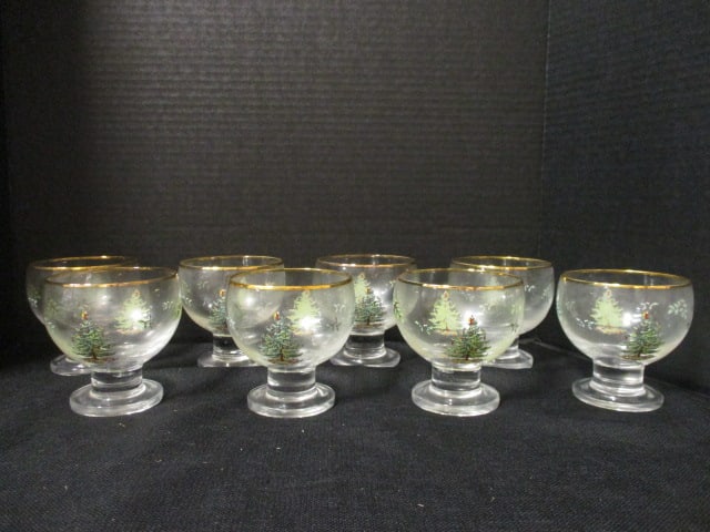 Eight Spode "Christmas Tree" Glass Dessert/Fruit Cups: 4"h, etched Spode on bottom