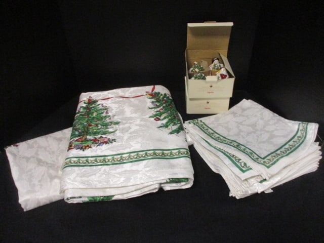 Spode "Christmas Tree" Table Cloths, Napkins and Two 4 Piece Napkin Ring Sets in Original Boxes (1 of 8)