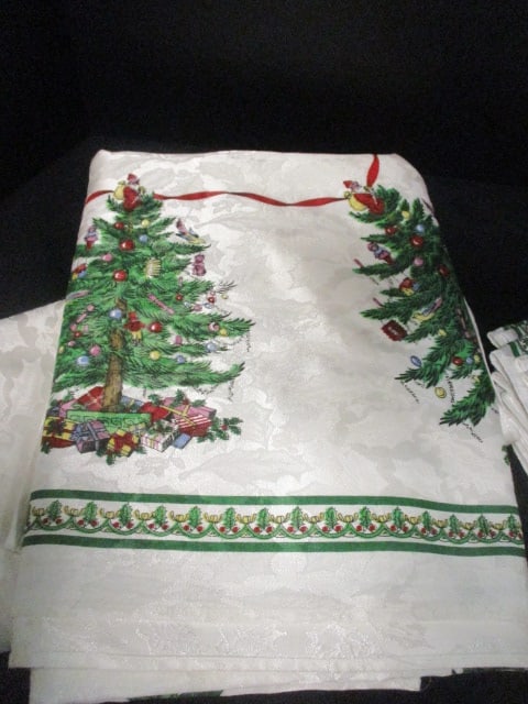 Spode "Christmas Tree" Table Cloths, Napkins and Two 4 Piece Napkin Ring Sets in Original Boxes - 7