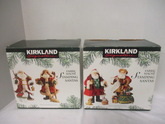 Two Sets of Kirkland Signature Fabric Mache Standing Santas in Original Boxes: .