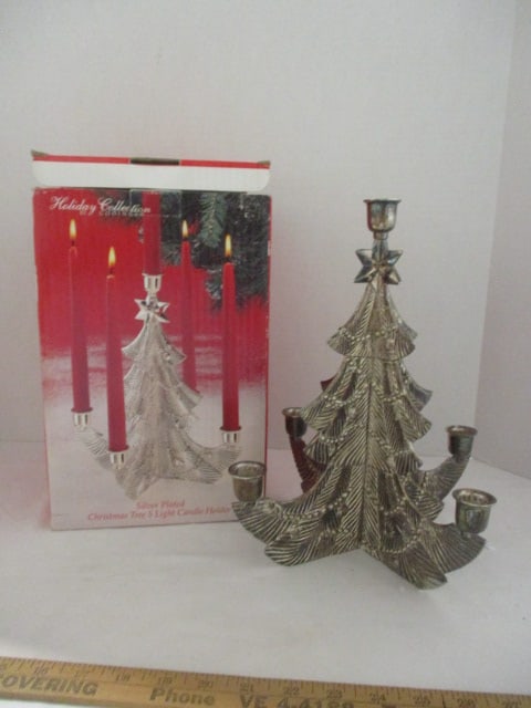 Godinger Holiday Collection Silverplated Christmas Tree 5 Light Candle Holder: in Original Box