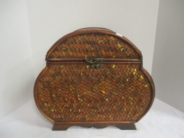 Decorative Dome Top Trunk with Wicker and Brass Weaving: 16 1/2" x 10 1/2" x 14 1/4", has department price tag