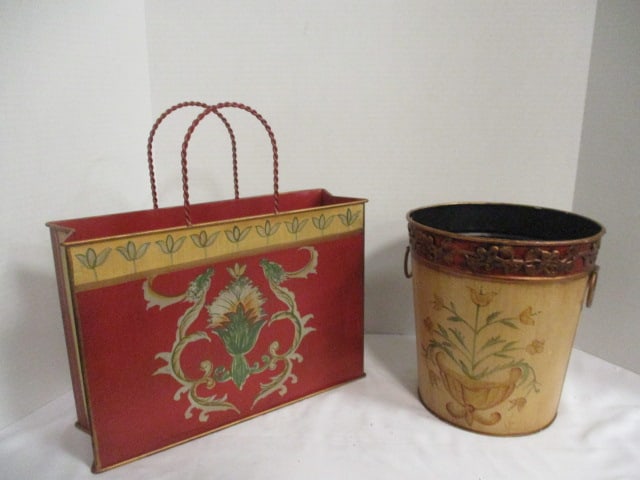 Hand Decorated Round Metal Planter and "Tote Bag" Form Metal Planter (1 of 9)