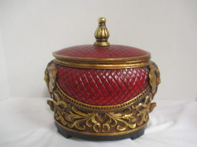 Red and Gold Sculpted Composite Elephant Lidded Box: 9 1/2"h