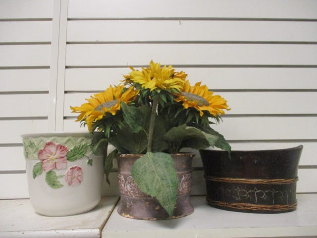Handpainted Ceramic Cache Pot, Carved Wood Cache Pot and Artificial Sunflower Arrangement (1 of 6)