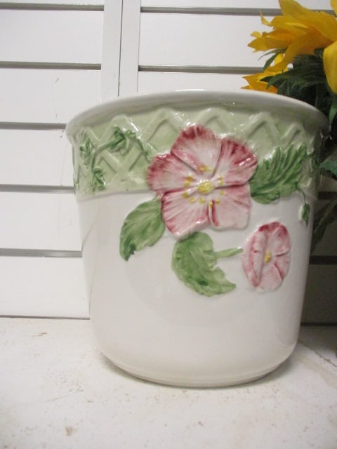 Handpainted Ceramic Cache Pot, Carved Wood Cache Pot and Artificial Sunflower Arrangement - 2