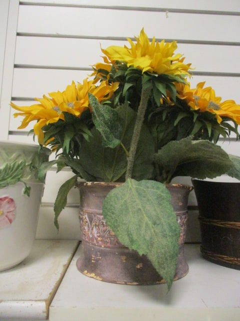 Handpainted Ceramic Cache Pot, Carved Wood Cache Pot and Artificial Sunflower Arrangement - 4