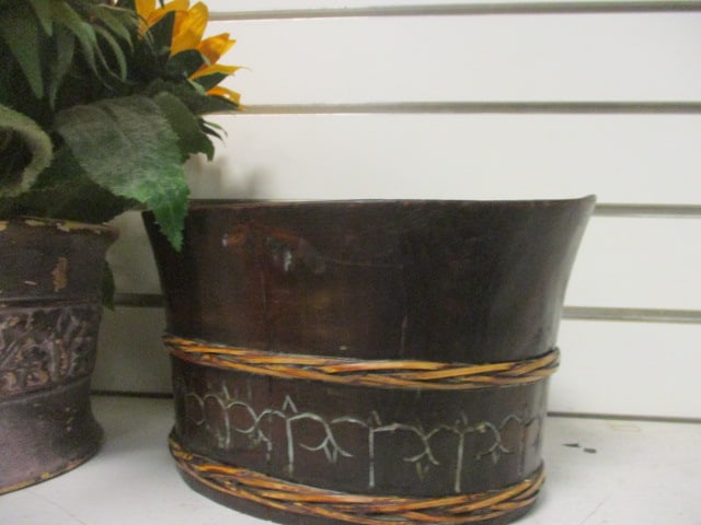Handpainted Ceramic Cache Pot, Carved Wood Cache Pot and Artificial Sunflower Arrangement - 5