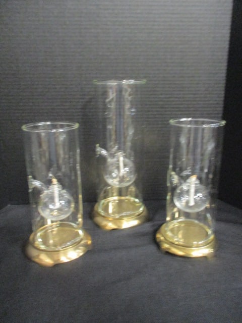 3 Piece Tiered Art Glass Hurricane Oil Lamps with Brass Stands (1 of 7)
