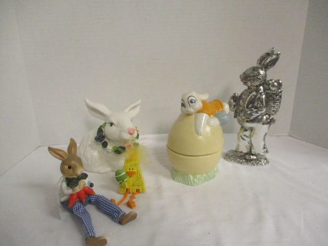 Vintage Hand Made Ceramic Rabbit on Egg Candy Dish, Handpainted Pottery Rabbit (1 of 8)