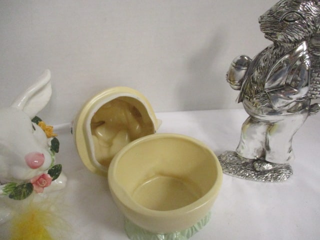 Vintage Hand Made Ceramic Rabbit on Egg Candy Dish, Handpainted Pottery Rabbit - 6