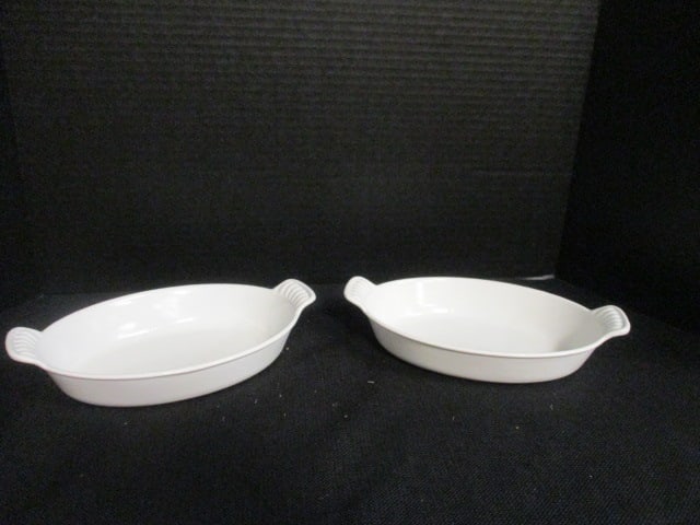 Pair of Le Creuset White Enamel over Cast #20 Au Gratin Dishes: some utensil marks