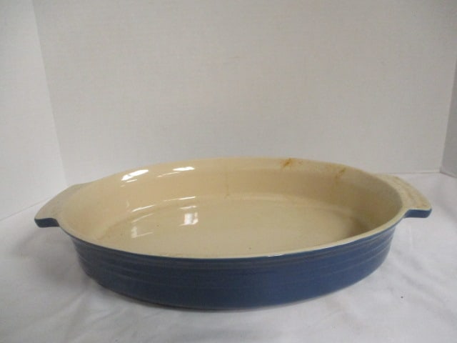 Le Creuset Blue Stoneware Oval Baking Dish: 16" handle to handle x 10 1/2" x 2 1/2"