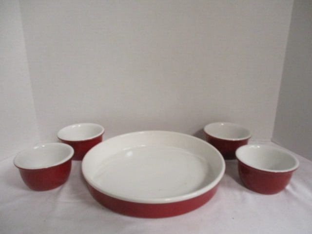 Corelle Red/White Stoneware Custard Bakers and Round Baker: (4)4 3/8"dia x 2 1/4"h, (1)11"dia x 1 3/4"h