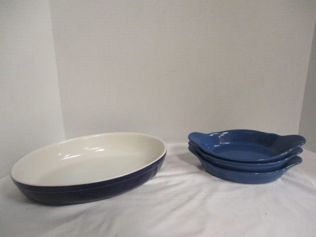 Three Blue Stoneware Au Gratin and Blue/White Oval Baking Dish: (3)9" long au gratin, (1)12" x 8 3/4" x 2 1/4"