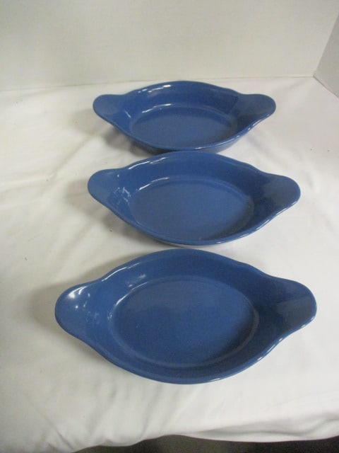 Three Blue Stoneware Au Gratin and Blue/White Oval Baking Dish - 6