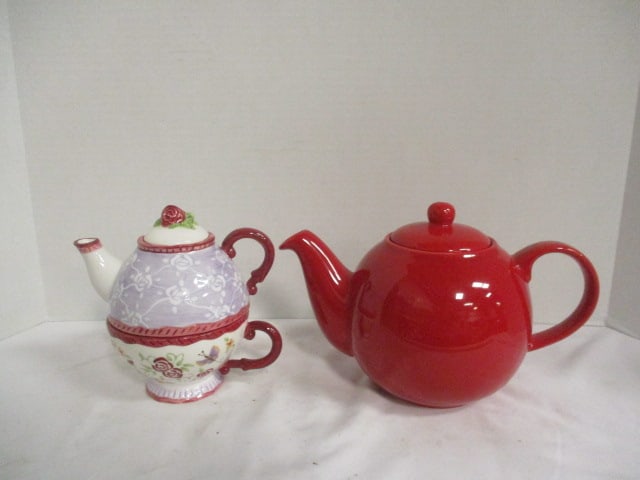 Sonoma Home Goods Tea for One Set and Red London Pottery "Globe Teapot": Tea for one 6 3/4"h, London Pottery 6 1/2"h