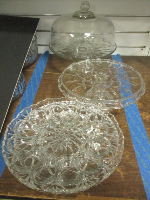 Clear Glass Domed Cake Plate, Desert/Cake Stand, Egg/Relish Plate and Two Roun Trays: See pictures and preview, Bring Boxes-Local Pickup Only