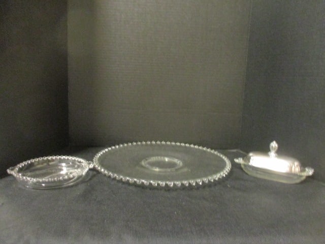 Candlewick Serving Tray, Divided Dish and Butter Dish with Silverplated Lid: Tray 14"dia, divided dish 7 1/4" handle to handle, butter dish 7 1/4" long(has Wm. Rogers Silverplated lid)