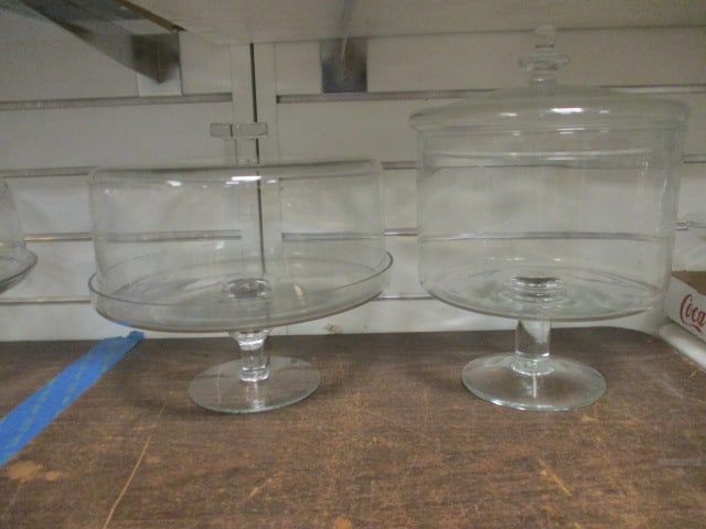 Hand Blown Cake Dome Stand and Covered Trifle Bowl: Cake dome 10 5/8"dia x 10"h(small chip on lid), Trifle 8 1/2"dia x 12"h
