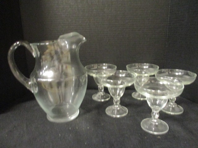 6 Piece Margarita/Cocktail Set: Ice Lip Pitcher 10"h, (4)4 3/4"h cocktail glasses