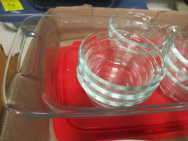 Grouping of Pyrex and Duraflex Glass Custard Cups, Mini Pie Plates and Baker - 6
