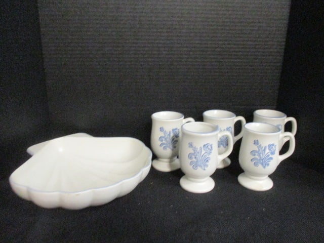 Pfaltzgraff Yorktowne Stoneware Shell Serving Dish and Five Irish Coffee Mugs: Shell dish 10 1/2" x 10 1/4" x 3", (5)5"h Irish coffee mugs-one chipped all have some crazing