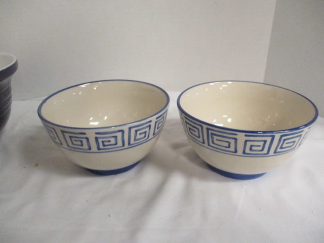 Cobalt Blue/White Mixing Bowl, Two Greek Key Design Stoneware Bowls and - 10