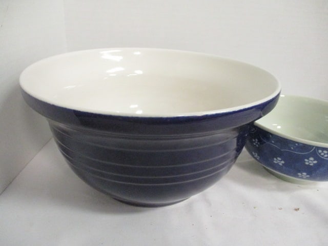 Cobalt Blue/White Mixing Bowl, Two Greek Key Design Stoneware Bowls and - 2