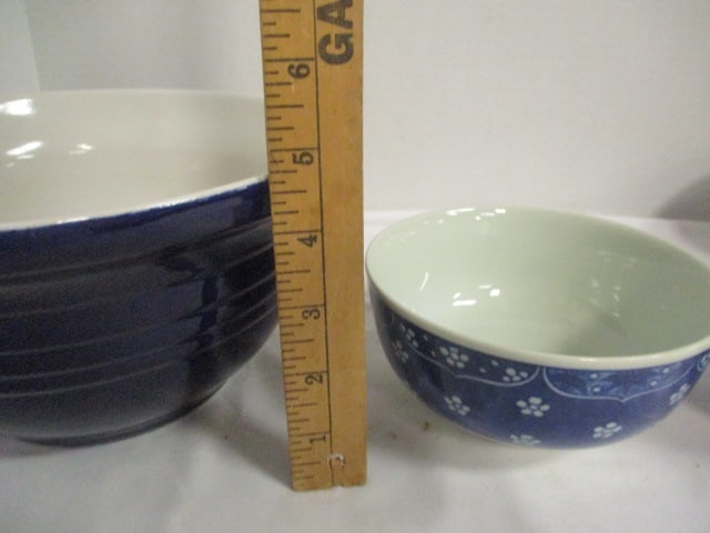 Cobalt Blue/White Mixing Bowl, Two Greek Key Design Stoneware Bowls and - 8