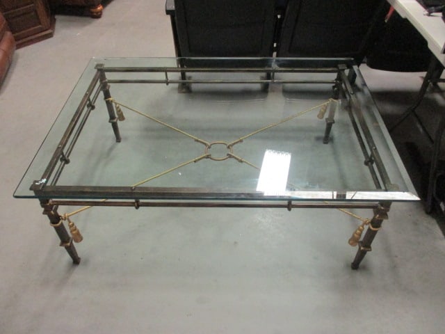 Beveled Glass Top Neoclassical Style Bronzed Iron Coffee Table - 2
