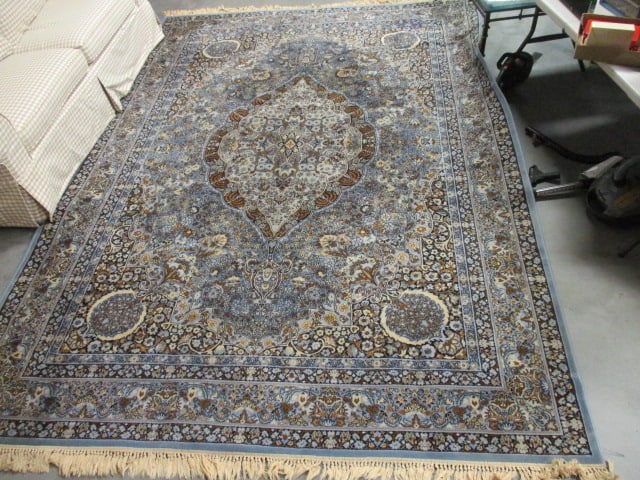 Blue and Ivory Hand Woven Center Medallion Area Rug: 98" x 138"(not including fringe), few stains on fringe, Local Pickup Only