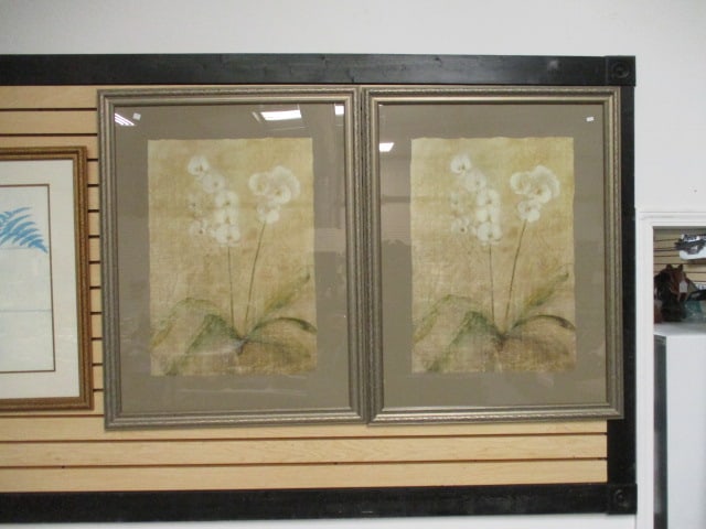 Pair of Large Framed Orchid Still Life Prints: 30 3/4" x 39 3/4", Local Pickup Only