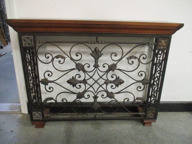 Wood Top Wrought Metal Console Foyer Table: 41 1/2" x 10" x 32", wood feet, medallion design, Local Pickup Only