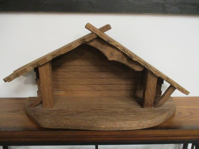 Carved Wood Nativity Scene Stable: 28 1/2" x 9" x 13", has repair on back, Local Pickup Only