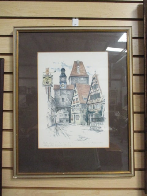 "Rothenburh ob der Tauber" German Village Scene Print by Monika Heller-Cole: Framed and matted 18 3/4" x 23 1/4"