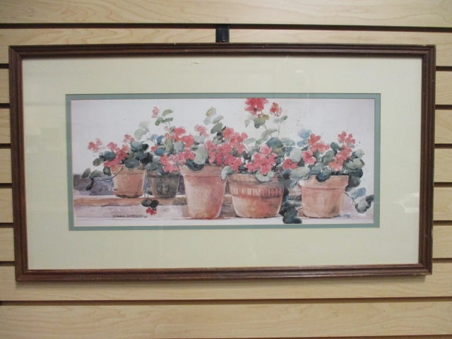 Framed and Matted "Geraniums" Still Life Print by Artist Dawna Barton: 31 1/2" x 17 1/4", Local Pickup Suggested