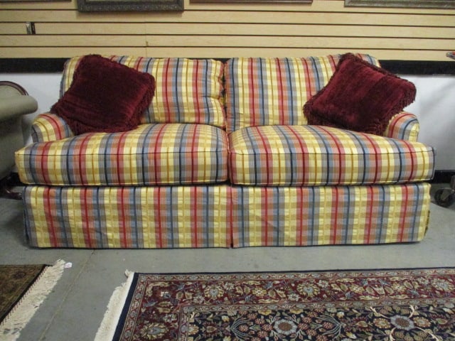 Wesley Hall Inc. Striped Upholstery Sofa with Pair of Chenille Throw Pillows (1 of 13)