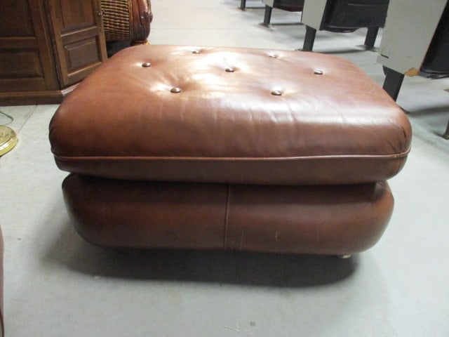 Classic Leather Inc. Button Tufted Brown Leather Rolled Arm Chair and Matching Ottoman - 11