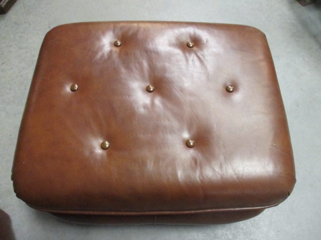 Classic Leather Inc. Button Tufted Brown Leather Rolled Arm Chair and Matching Ottoman - 12