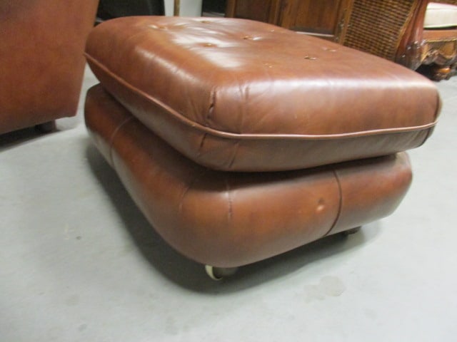 Classic Leather Inc. Button Tufted Brown Leather Rolled Arm Chair and Matching Ottoman - 13