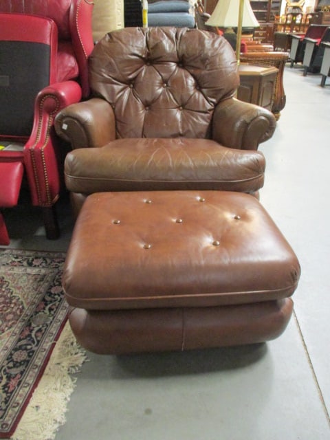Classic Leather Inc. Button Tufted Brown Leather Rolled Arm Chair and Matching Ottoman (1 of 17)