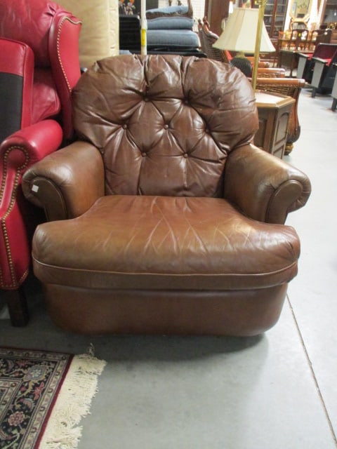 Classic Leather Inc. Button Tufted Brown Leather Rolled Arm Chair and Matching Ottoman - 2