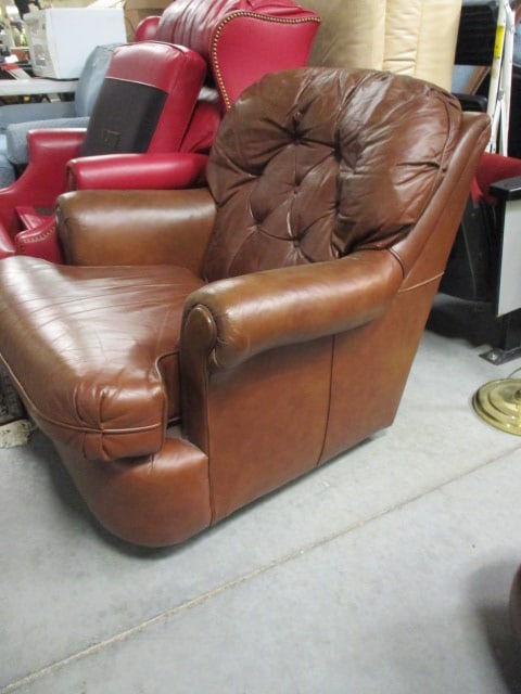 Classic Leather Inc. Button Tufted Brown Leather Rolled Arm Chair and Matching Ottoman - 3