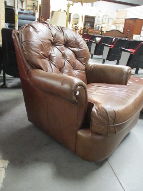 Classic Leather Inc. Button Tufted Brown Leather Rolled Arm Chair and Matching Ottoman - 6