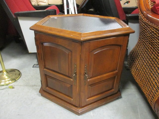 Ethan Allen Colonial Revival Raised Panel Hexagonal End Table with Faux Slate Top: 25" x 28 1/2" x 22 1/4", antique brass finish backplate pulls, Local Pickup Only